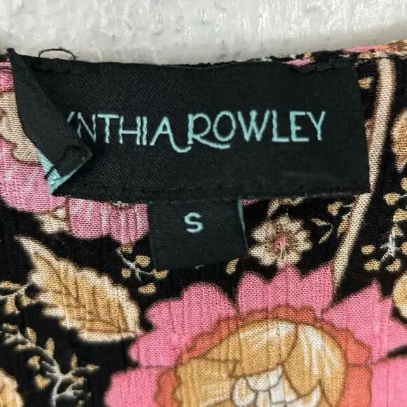 Cynthia Rowley Floral Boho Blouse Pink Black Puff Sleeve Romantic Top Small - Picture 4 of 7